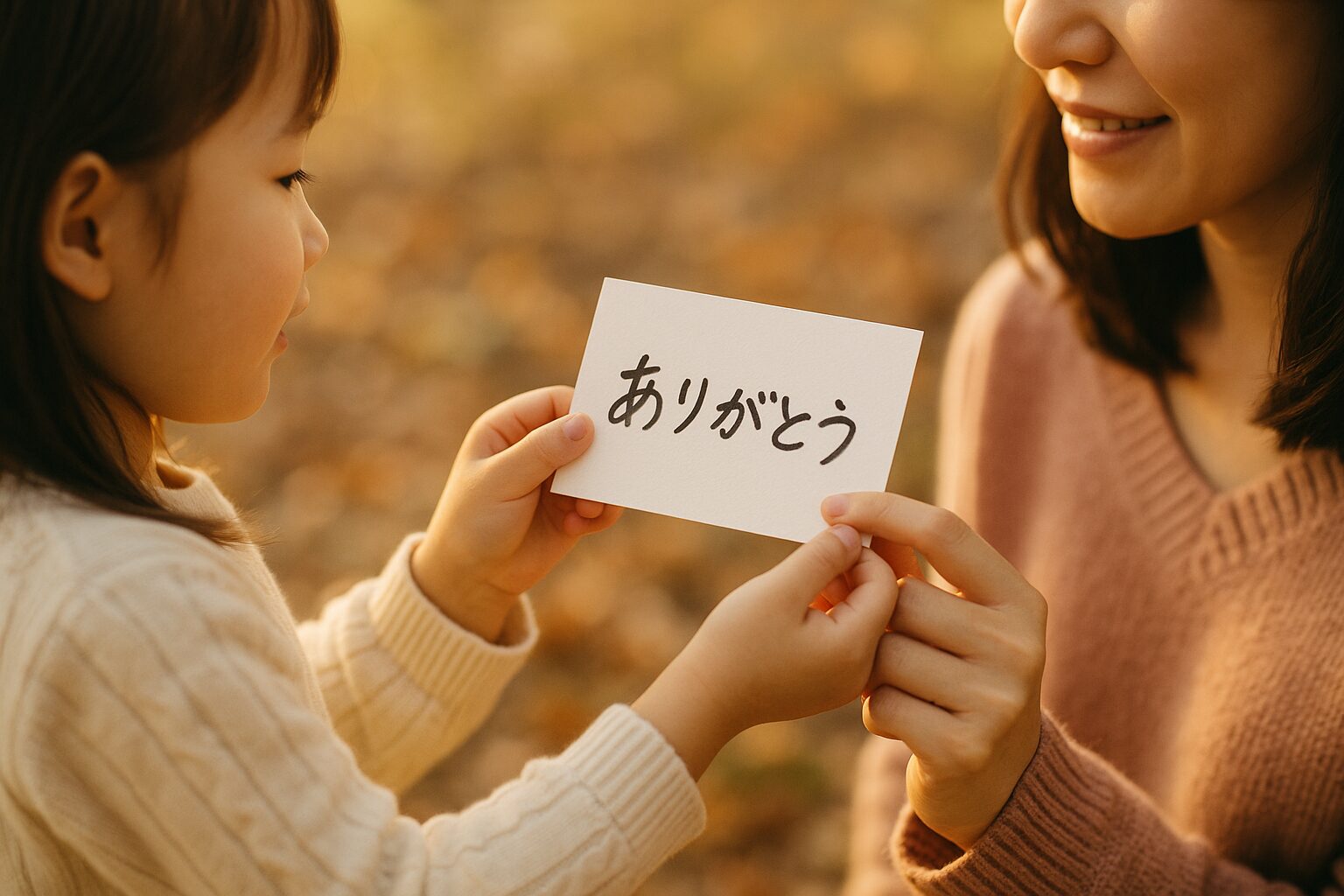 秋の光の中で、子どもが手作りカードを大人に渡す様子を写した写真風のイメージ