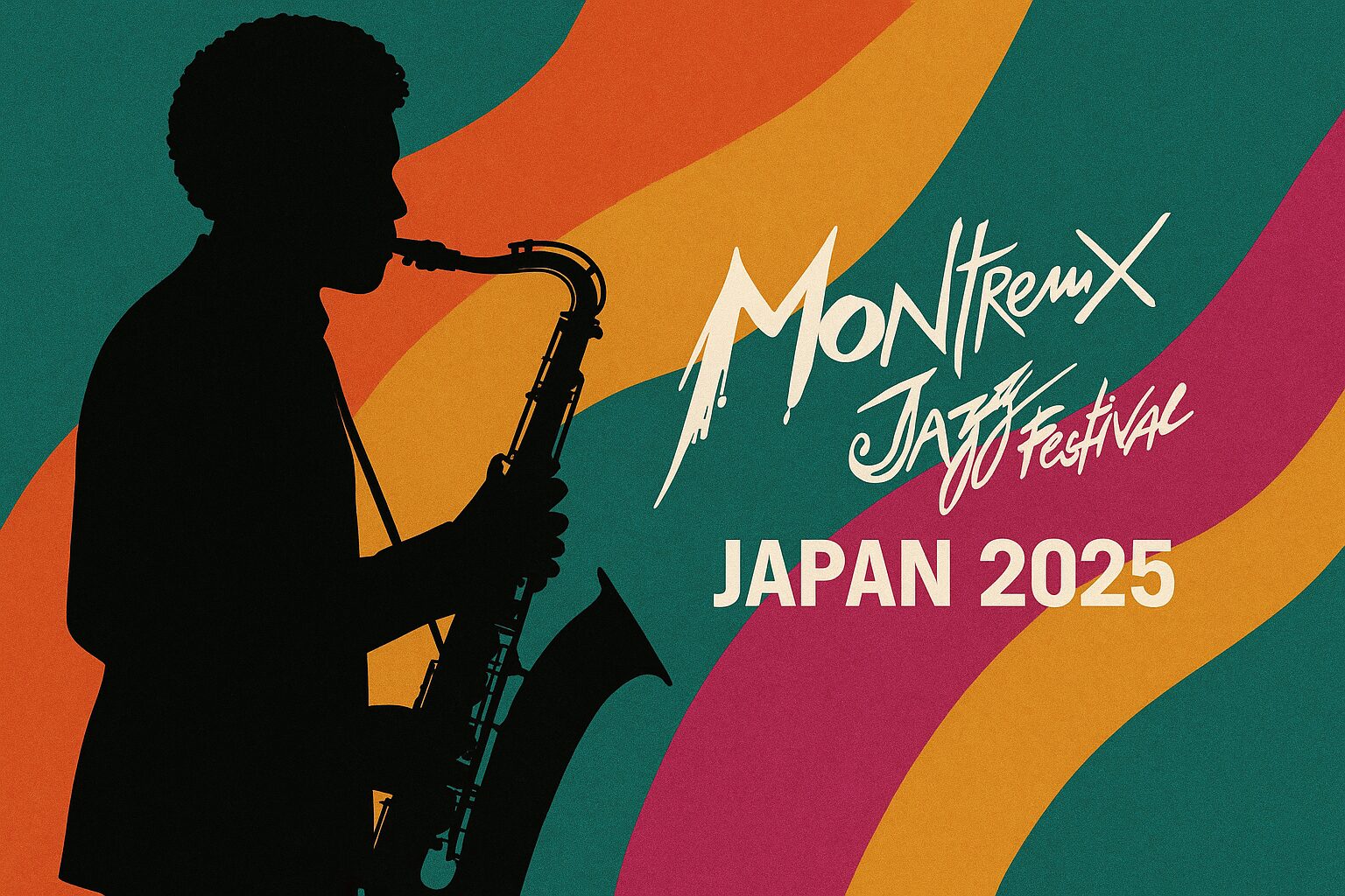 モントルー・ジャズ・フェスティバル・ジャパン2025の夜のステージ風景。ネオンライトと観客のシルエットが交差する都会的なジャズフェスの雰囲気を表現した画像。