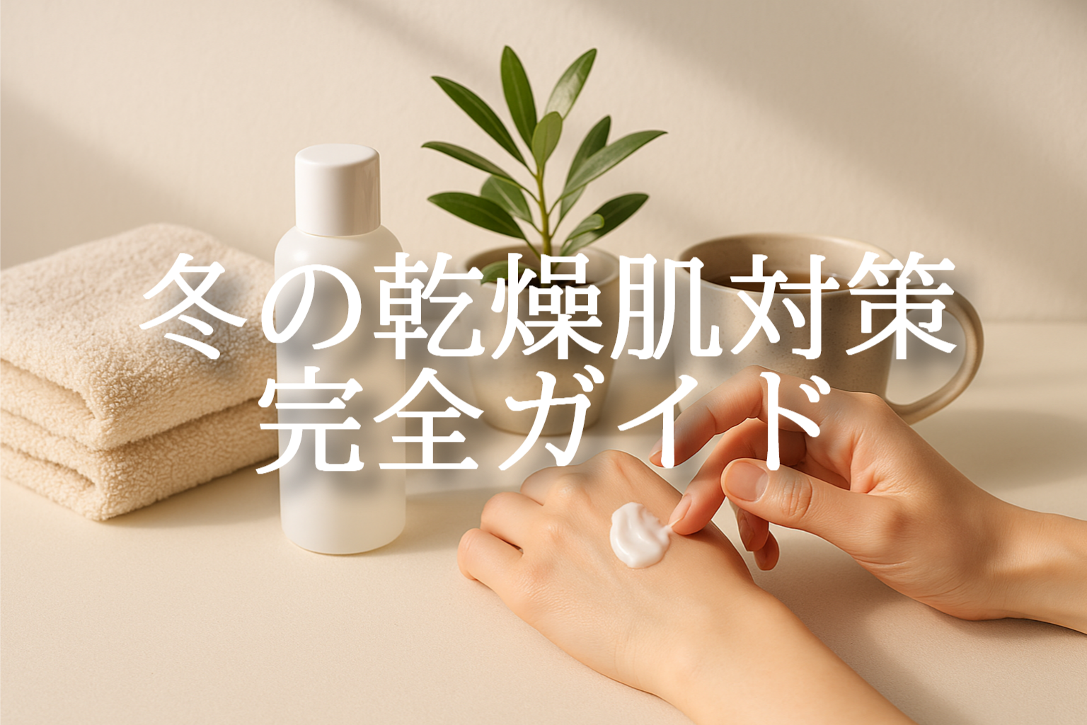 冬の乾燥肌対策ガイドのアイキャッチ画像。ハンドクリームを塗る手元と化粧水ボトル、タオル、植物が並び、うるおいケアをイメージした構図。