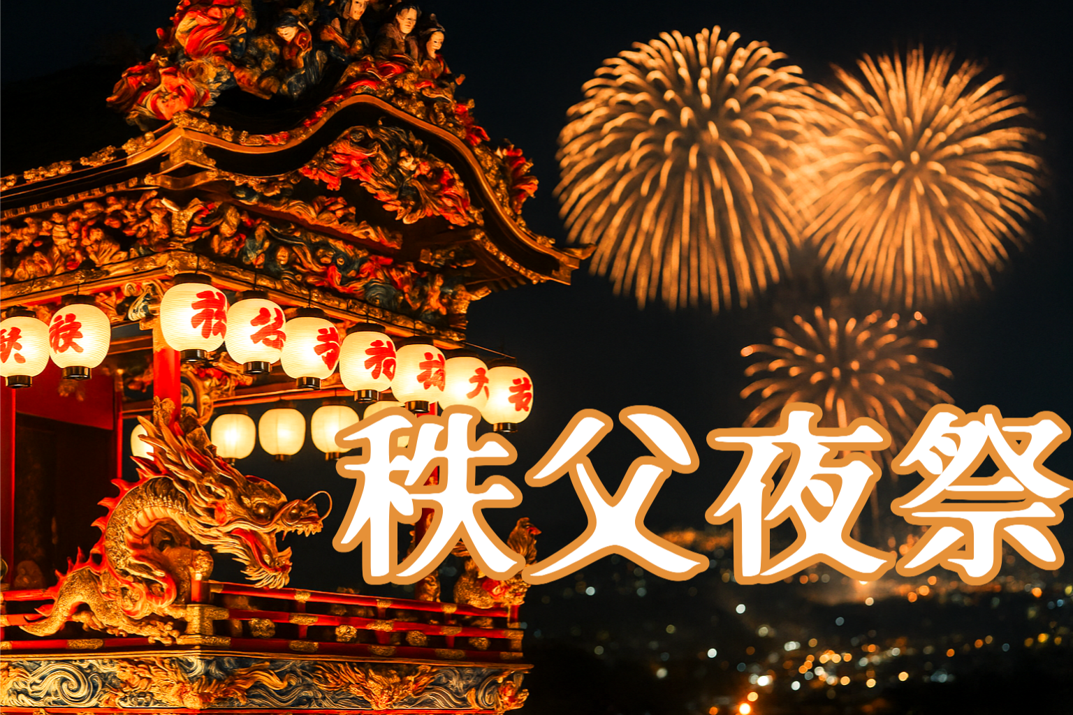 秩父夜祭の山車と冬の花火が輝く夜景の写真