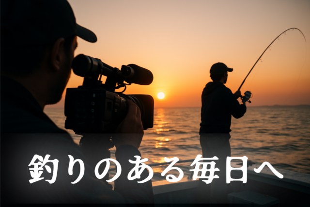 夕日を背景に、船上でカメラマンがアングラーの実釣シーンを撮影している様子