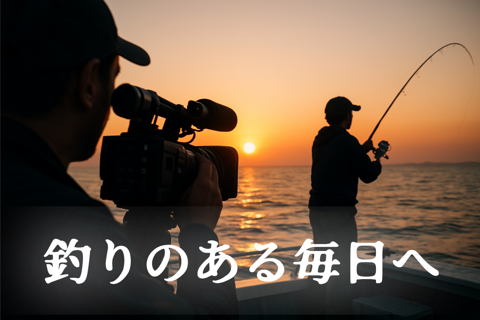 夕日を背景に、船上でカメラマンがアングラーの実釣シーンを撮影している様子