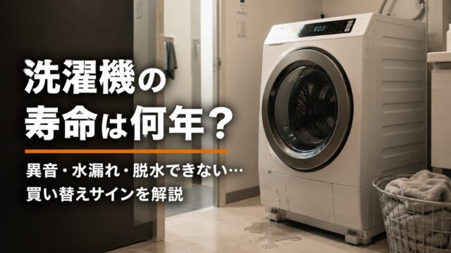 異音や水漏れが起きているドラム式洗濯機と寿命サイン解説イメージ