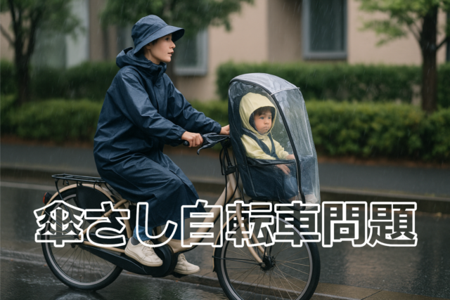 雨の日にレインウェアで自転車を運転する母親と、前乗せチャイルドシートで雨よけカバーに入った子ども。傘を使わずに安全走行する様子の写真