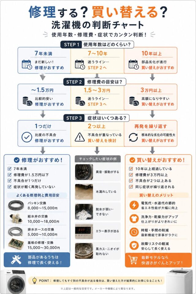 修理する?買い替える?洗濯機の判断チャート図
