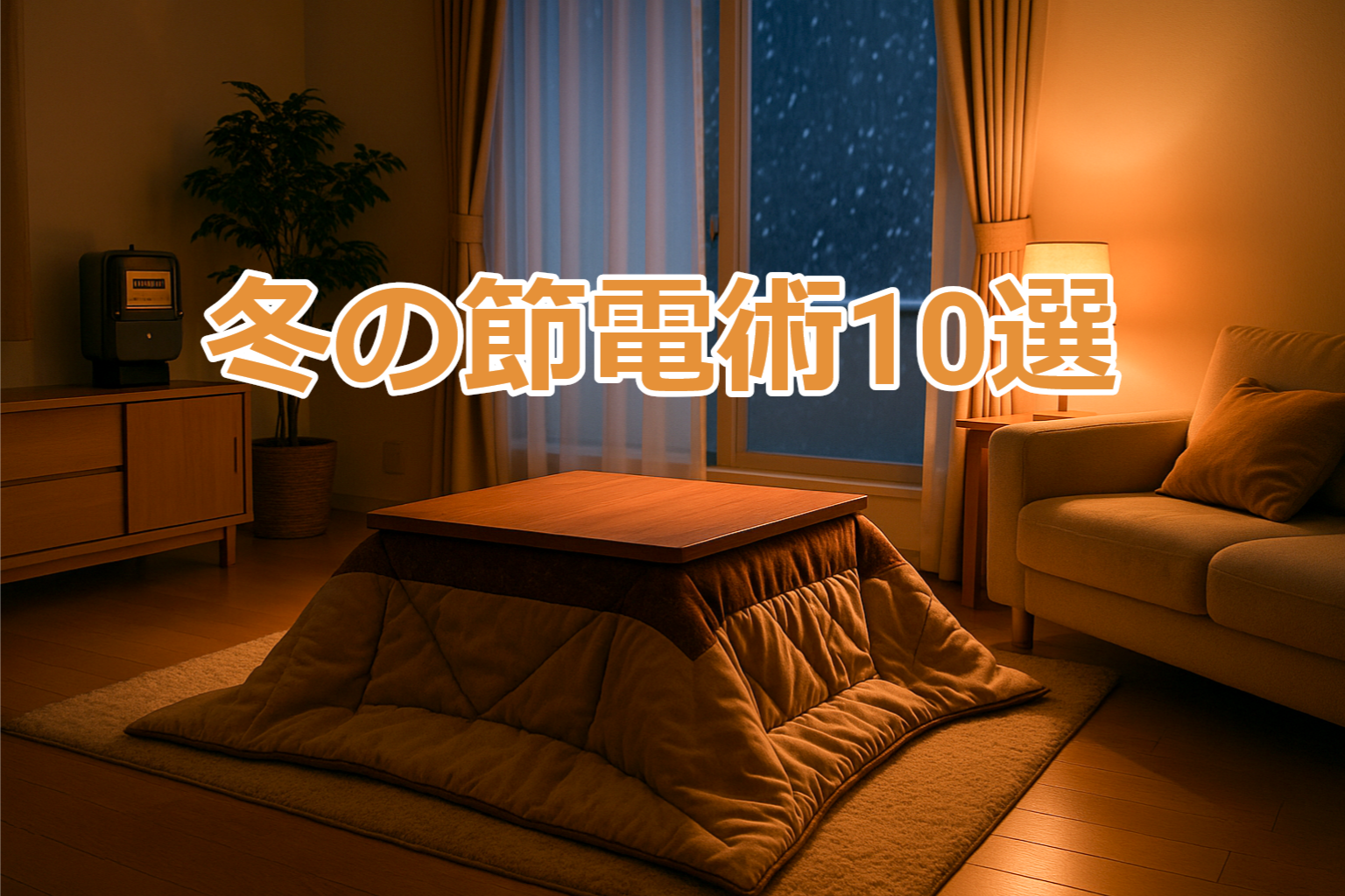 冬のリビングルームとこたつのある温かな室内風景｜節電・省エネを意識した暮らしのイメージ