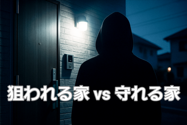 防犯意識を促す玄関前の写真に「狙われる家 vs 守れる家」と書かれた空き巣対策ガイドのアイキャッチ画像