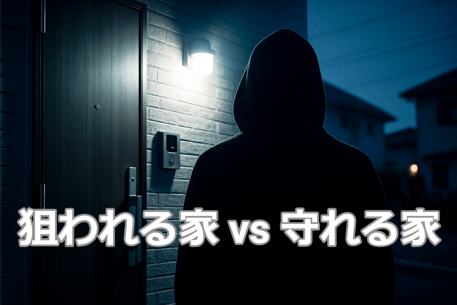 防犯意識を促す玄関前の写真に「狙われる家 vs 守れる家」と書かれた空き巣対策ガイドのアイキャッチ画像