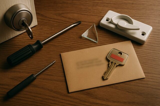 4つの侵入手口を象徴する鍵・封筒・工具・ガラス片などが木目テーブルに置かれた防犯イメージ写真