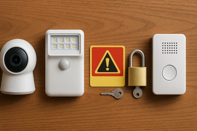 防犯カメラやセンサーライト、防犯ステッカーなどのホームセキュリティ用グッズが木目テーブルに並んだ写真風の防犯イメージ画像