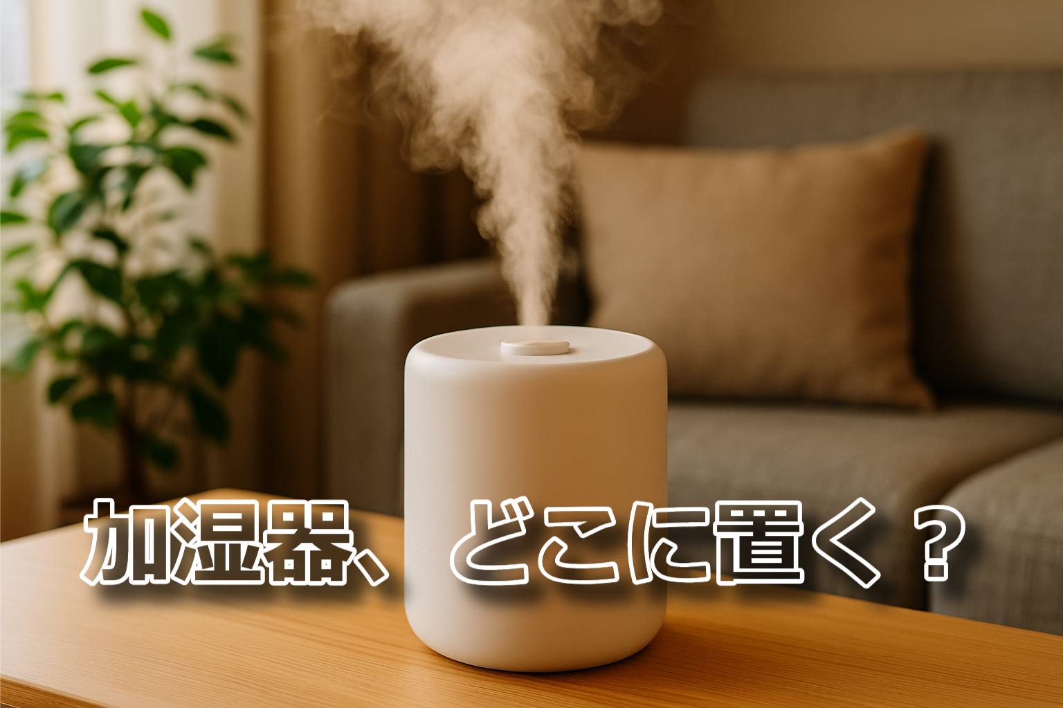 加湿器をどこに置くか悩む人に向けたイメージ写真。木のテーブルの上で稼働する加湿器