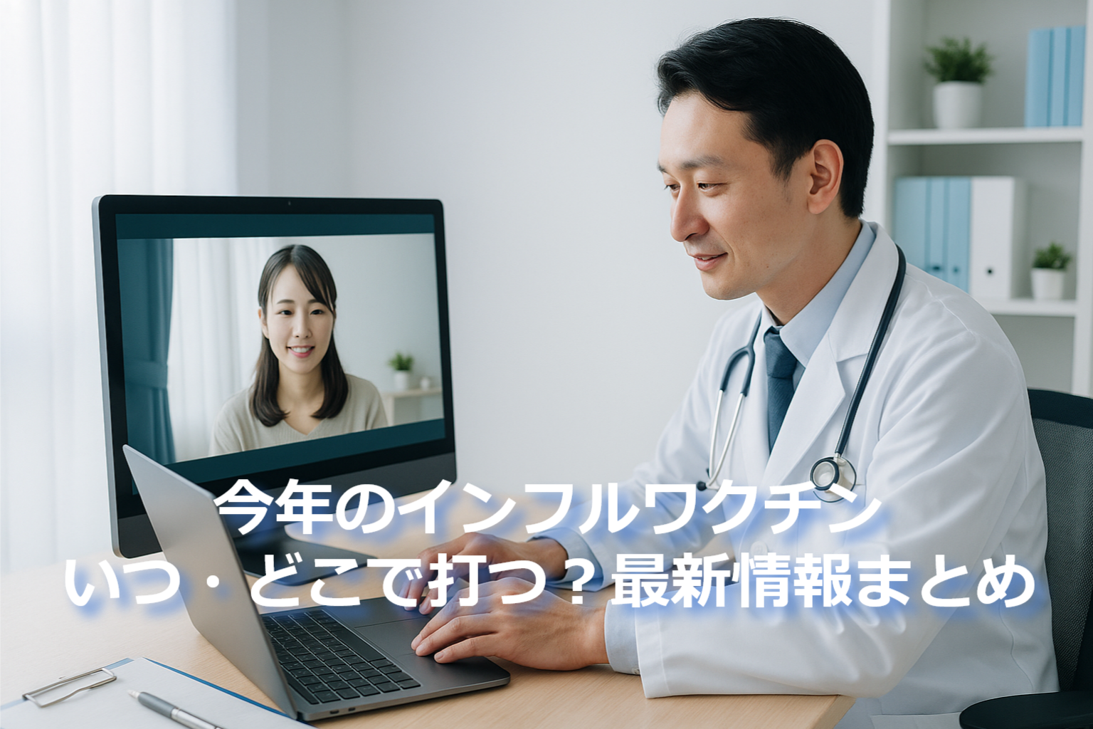 オンライン診療でインフルエンザワクチンの相談をする医師と患者の写真。青白トーンで清潔感のある医療イメージ。