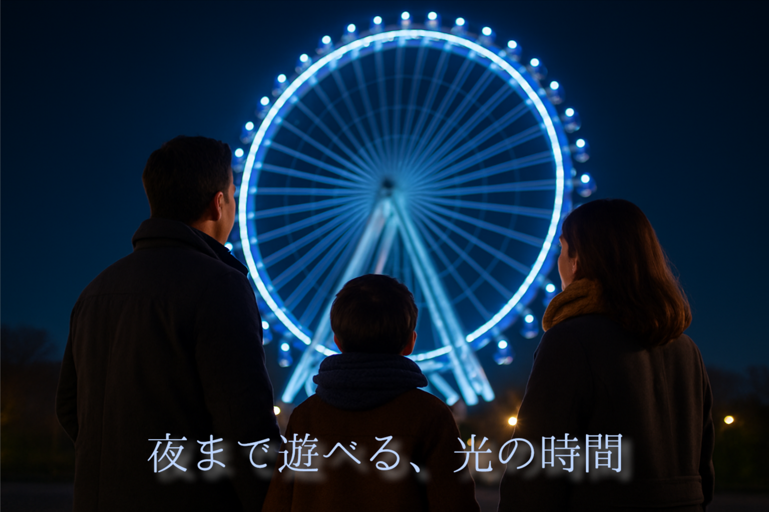 冬の夜、30代の夫婦と小学生の男の子が観覧車のイルミネーションを見上げている風景