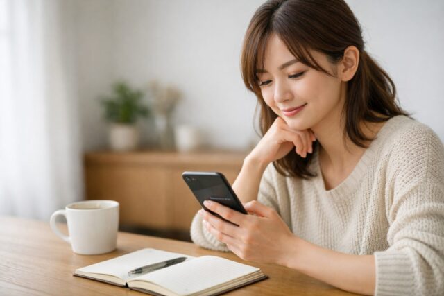 英語フレーズをSNS投稿用に選んでいる女性のイメージ