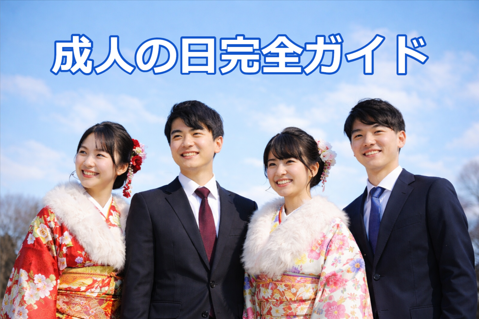 成人の日を迎えた新成人が振袖とスーツ姿で並ぶ冬の成人式イメージ