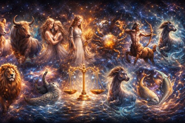 12星座を写実的に描いた幻想的な星空のイメージイラスト。牡羊座から魚座までが宇宙背景の中に横長で配置され、2026年の星座運勢を象徴している