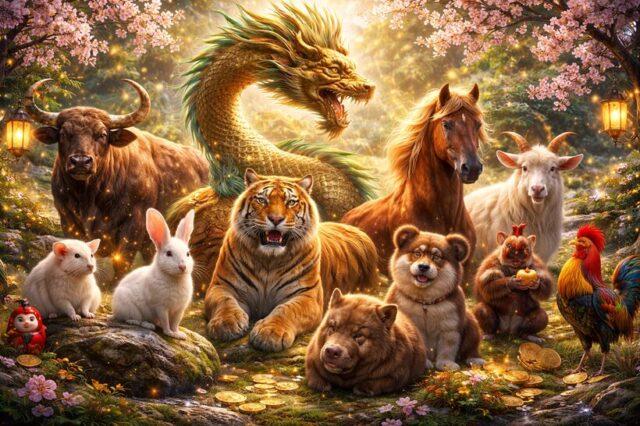 十二支を写実的に描いた横長16:9のイメージイラスト。子から亥までの動物が並び、2026年の干支運や一年の流れを象徴している