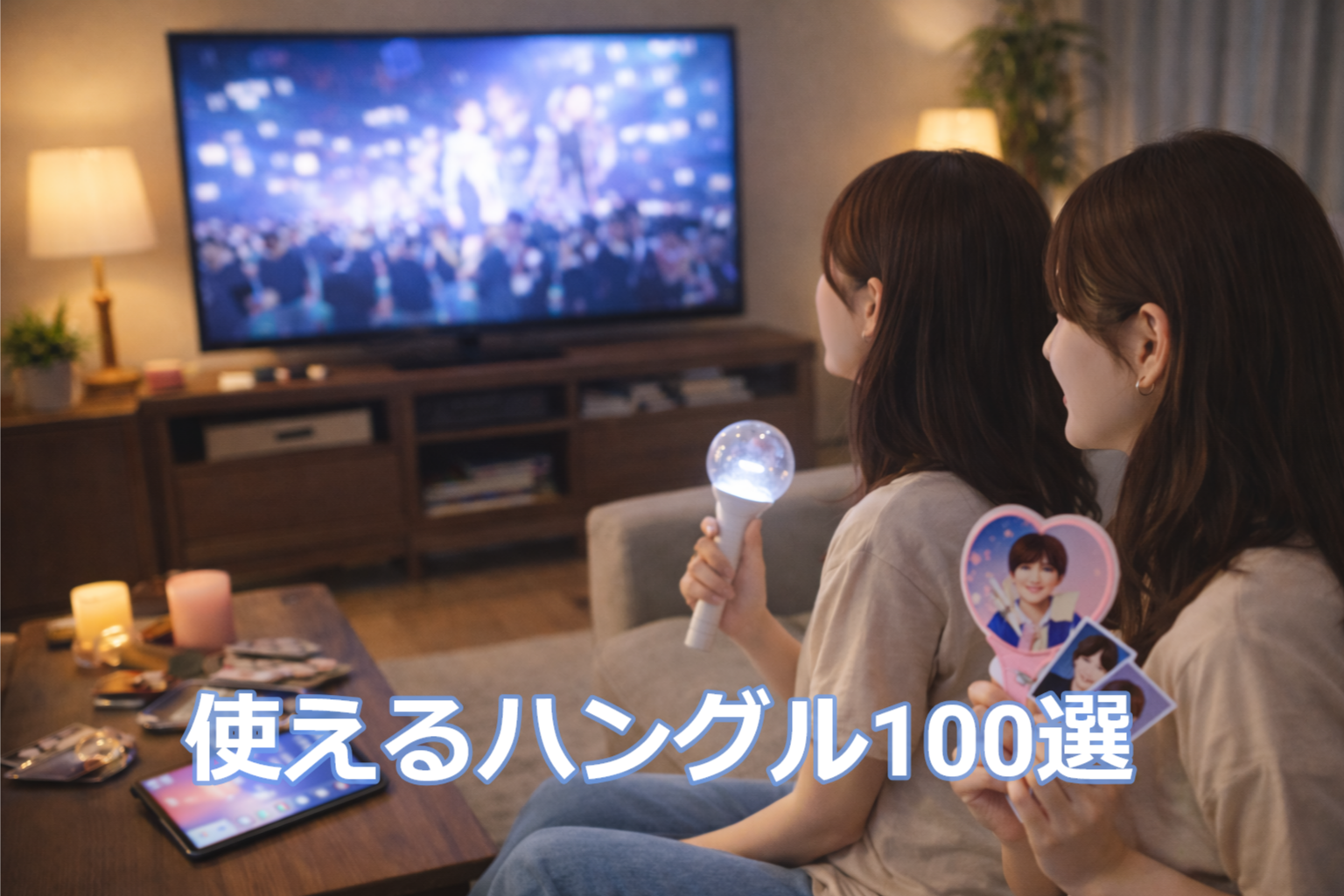K-POPのライブ映像をテレビで見ながらグッズを持って楽しむ若い女性2人の様子