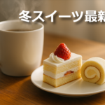 湯気の立つカップと、お皿に並んだ冬スイーツのイメージ