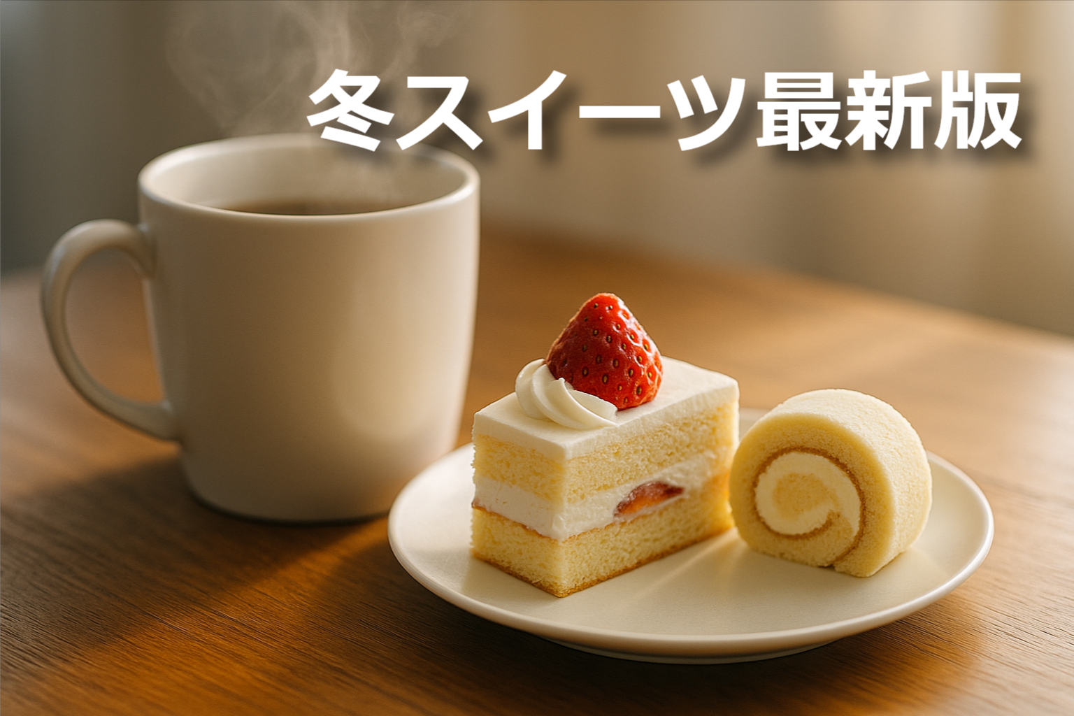 湯気の立つカップと、お皿に並んだ冬スイーツのイメージ