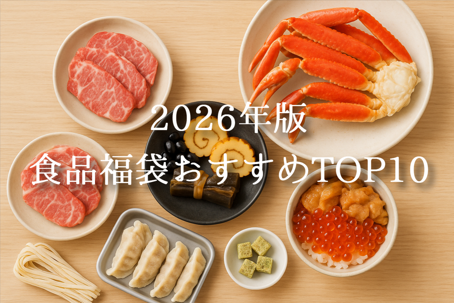 カニやおせち、海鮮丼、牛肉、餃子、フリーズドライ味噌汁など、楽天食品福袋で人気のジャンルが並んだ写真。比較しやすいイメージ。