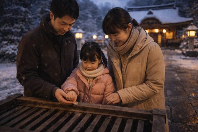 家族で初詣をしながら賽銭を入れる親子の様子