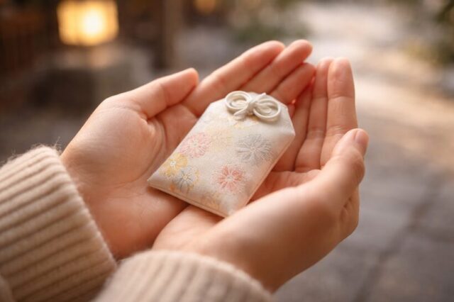 買ったばかりのお守りを手のひらにそっと乗せた様子