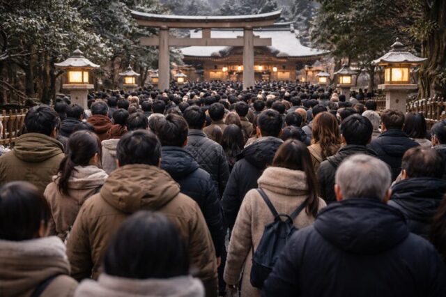 多くの参拝者で混雑する初詣の神社の様子