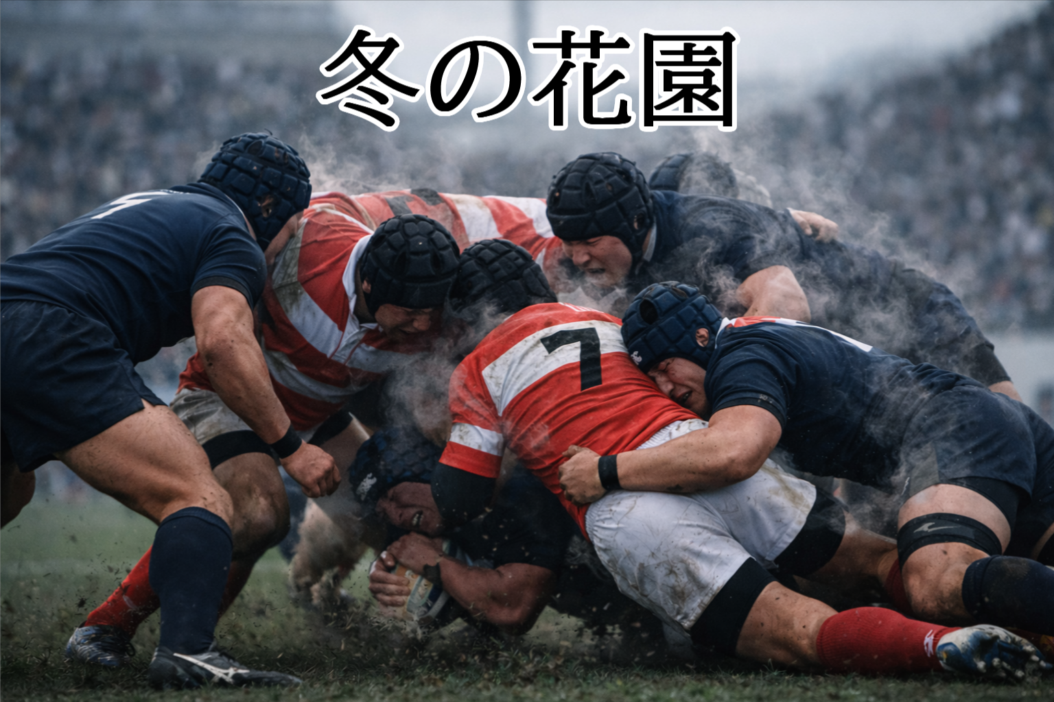 冬の花園ラグビー場で、全国高校ラグビー大会の試合中にラックで激しくぶつかり合う高校生選手たち