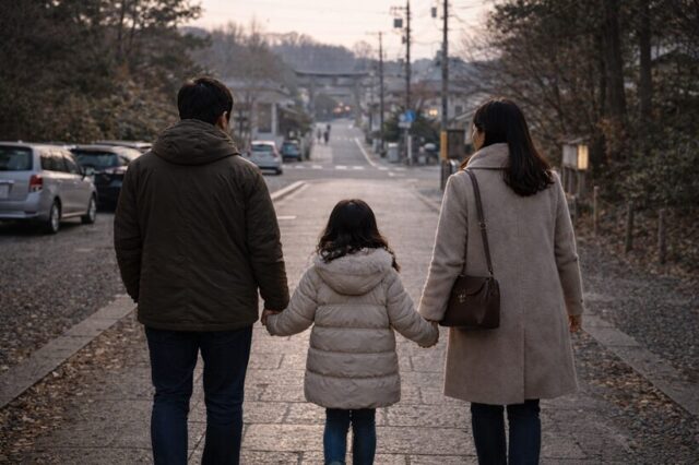 初詣を終えて家族で神社から帰る後ろ姿
