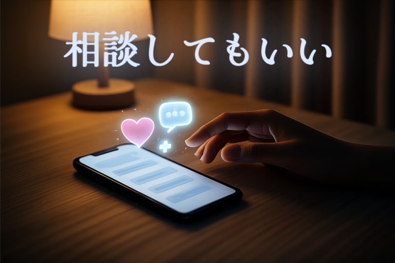 夜の静かな部屋で、スマホの前にためらいながら手を伸ばす人の写真。画面の上に、心・会話・医療サポートを表す光のアイコンが浮かび、「相談してもいい」という優しいメッセージが表示されている画像。