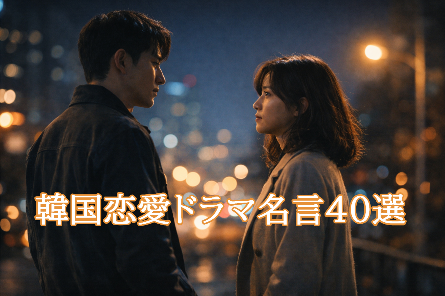 韓国恋愛ドラマの名言をイメージした、夜の街で向き合う男女のシネマティックな雰囲気