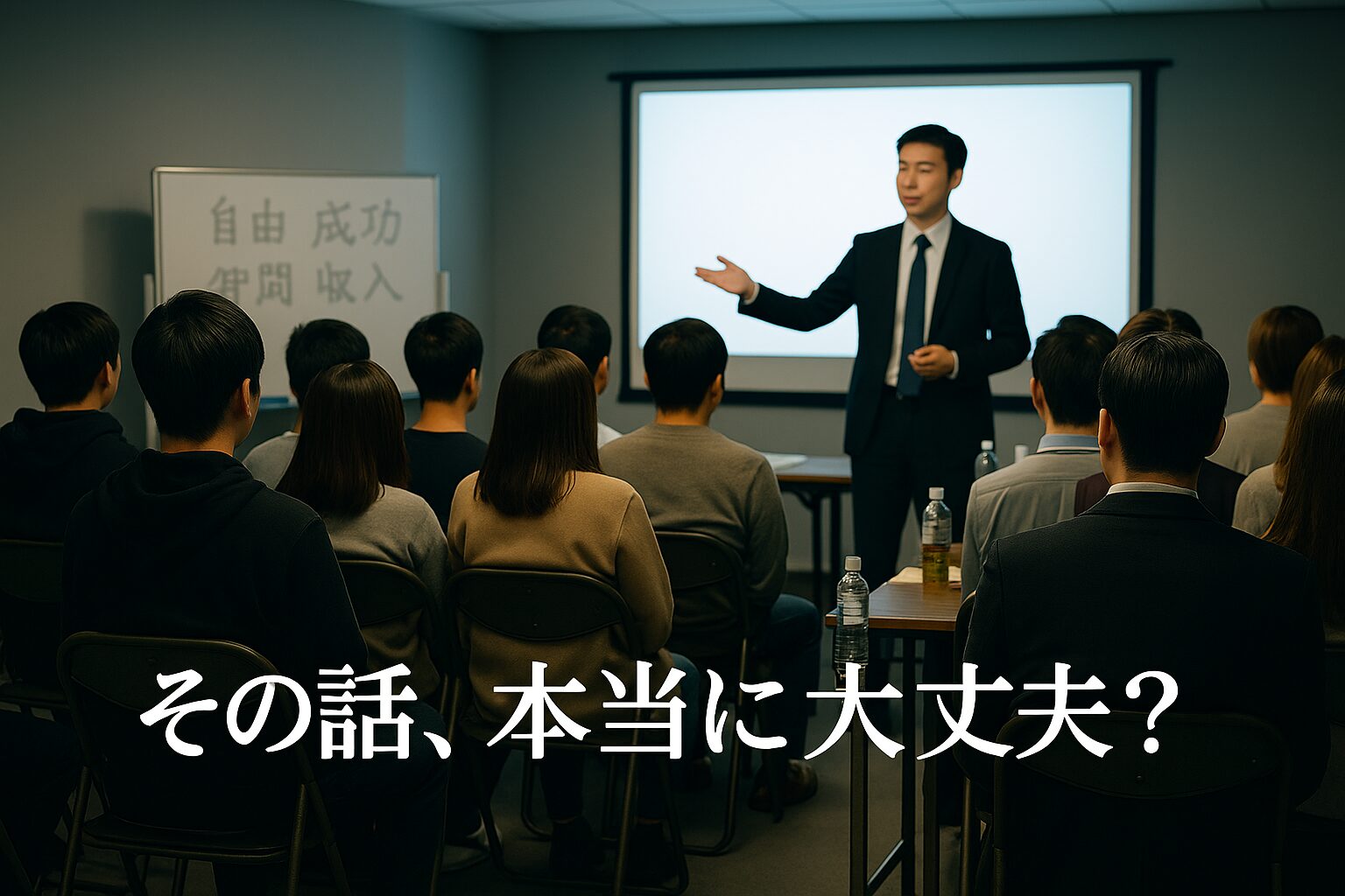 怪しいビジネスセミナーで勧誘されている参加者たちの背中と講師の様子