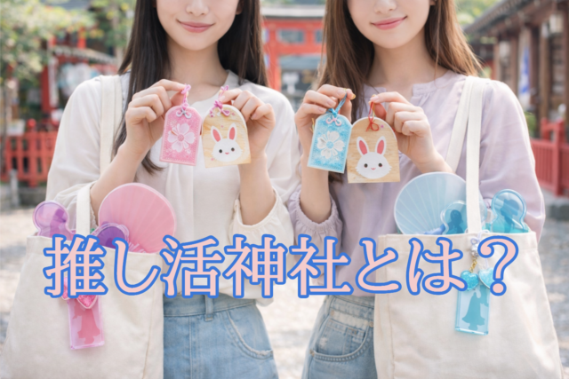 推し色のお守りと絵馬を手に、神社で推し活を楽しむ若い女性2人の様子