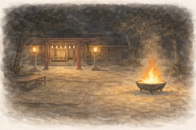 高千穂の夜神楽が行われる夜の神事空間を表現した挿絵