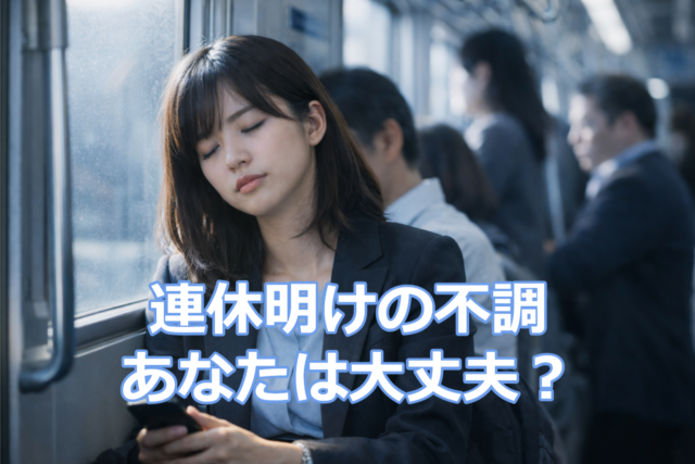 連休明けの朝、通勤電車で眠たそうにスマホを見るスーツ姿の女性
