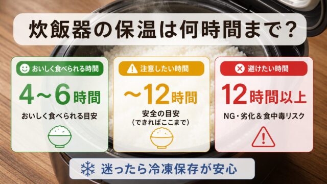 炊飯器の保温時間の目安(4〜6時間・〜12時間・12時間以上はNG)の図解