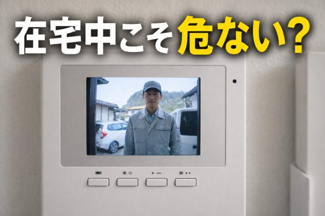 在宅中の防犯対策をイメージしたインターホン画面と訪問者