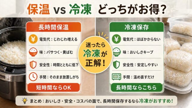 炊飯器の保温と冷凍保存のコスパ比較(電気代・味・安全性)で冷凍がおすすめと分かる図