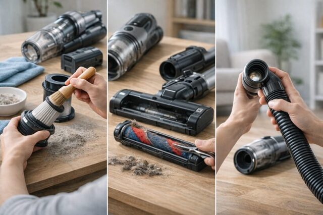 コードレス掃除機のメンテナンス作業をしている様子