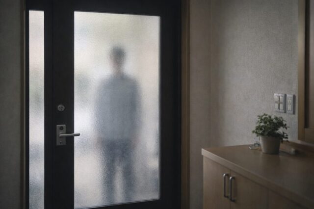 玄関ドアを挟んで室内と屋外の距離感を表した在宅中の場面