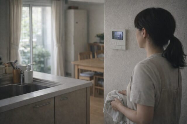 在宅中にインターホンの音で手を止めて判断を迷う室内の様子