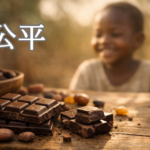 公平な取引を象徴するフェアトレードチョコレートとカカオ豆の写真