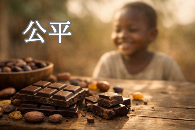公平な取引を象徴するフェアトレードチョコレートとカカオ豆の写真