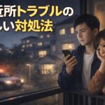 ご近所トラブルに悩むマンション住まいの夫婦と、夜の住宅街に停まるパトカーの様子