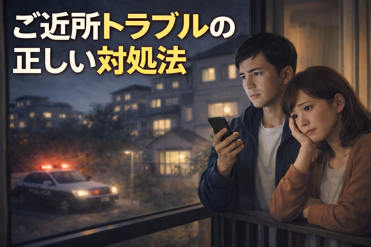 ご近所トラブルに悩むマンション住まいの夫婦と、夜の住宅街に停まるパトカーの様子
