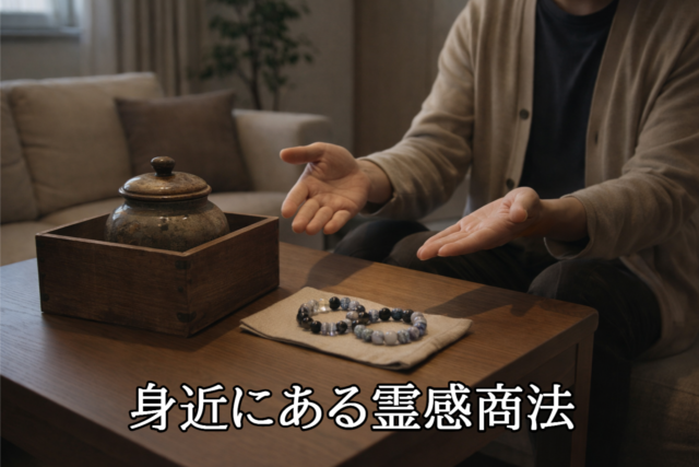 霊感商法を連想させる壺とパワーストーンを室内で勧める様子