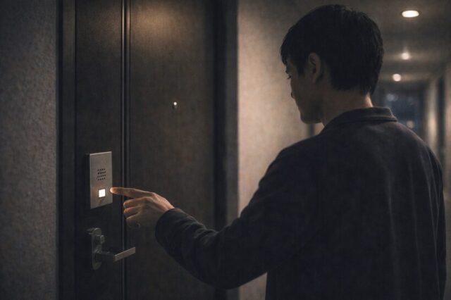 マンションのインターホンを押す直前で迷う、ご近所トラブルの緊張した瞬間