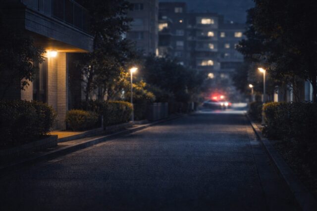 夜の住宅街に広がる静けさと、遠くに停まるパトカー