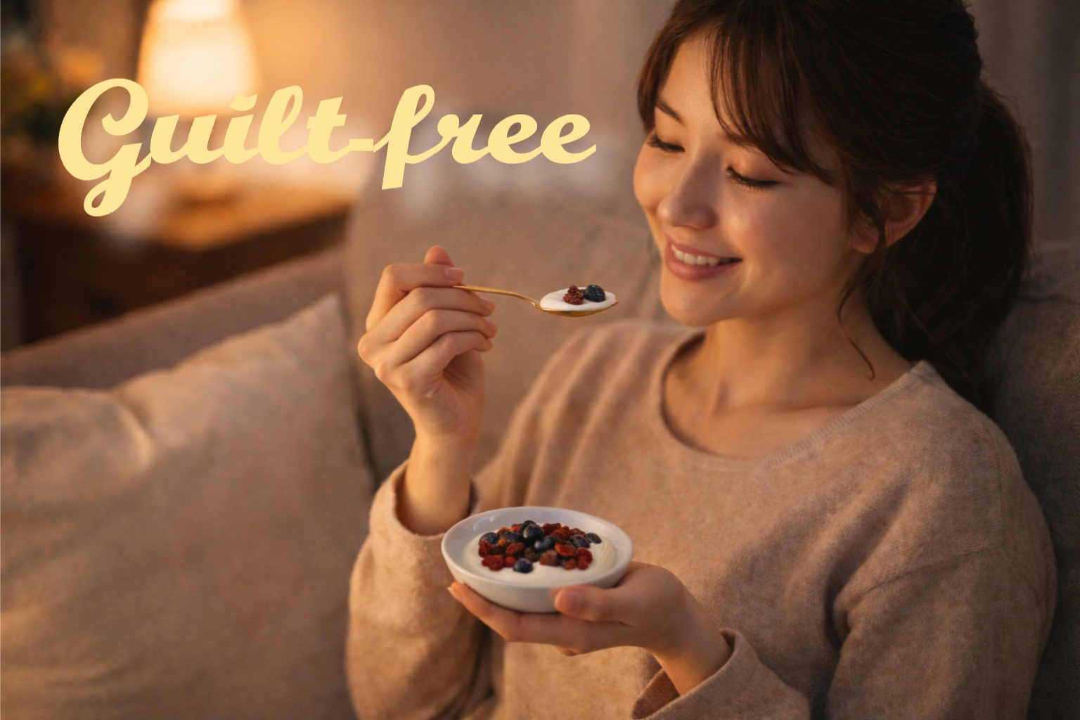 夜のリビングで、若い女性がドライフルーツ入りヨーグルトを微笑みながら食べている様子。『Guilt-free』の文字入りアイキャッチ画像